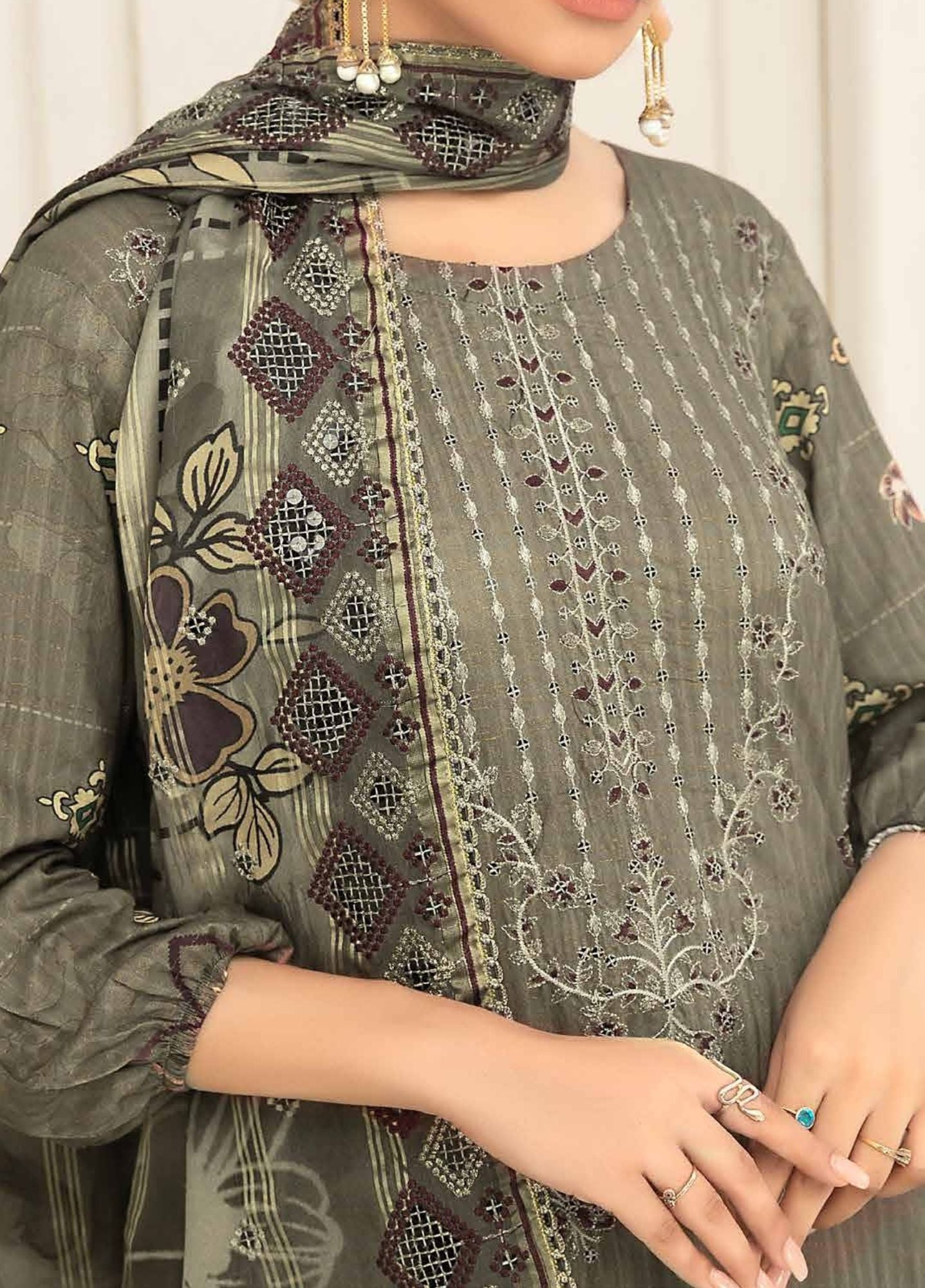 Sage - Embroidered Luxury Viscose Linen 3PC - Unstitched