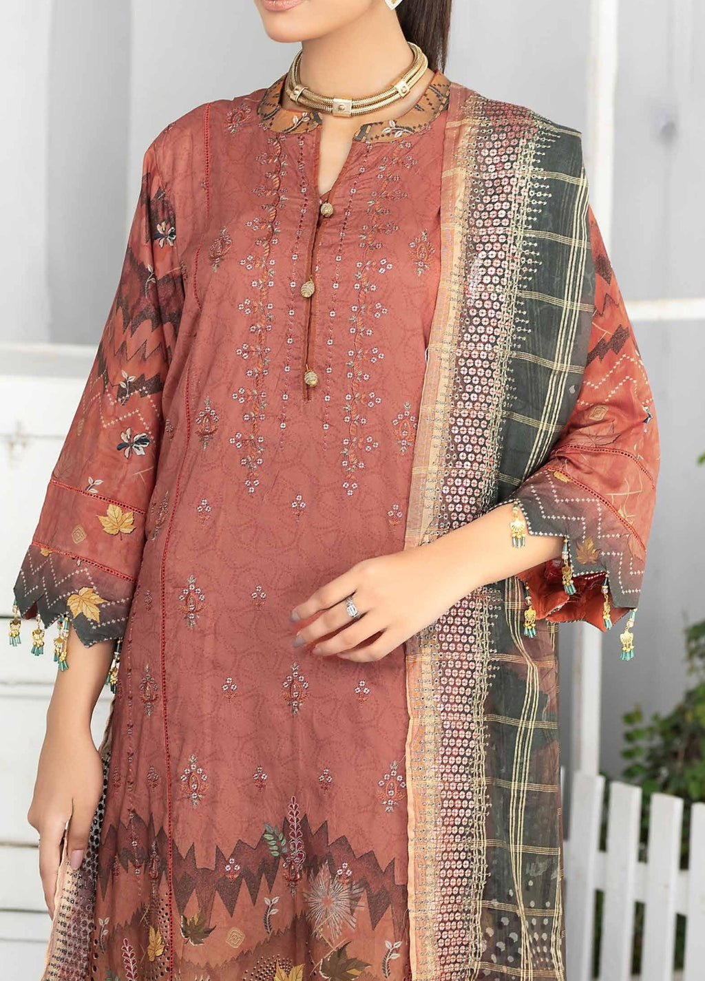 Rust - Embroidered Luxury Linen 3PC - Unstitched