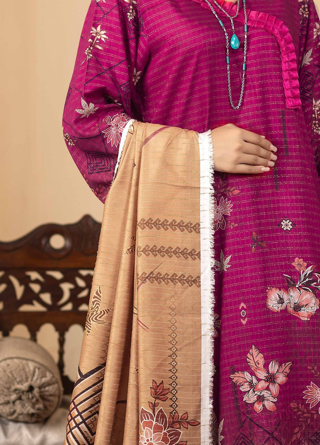 Digital Printed Unstitched 3 Piece Luxury Linen - Red Purple