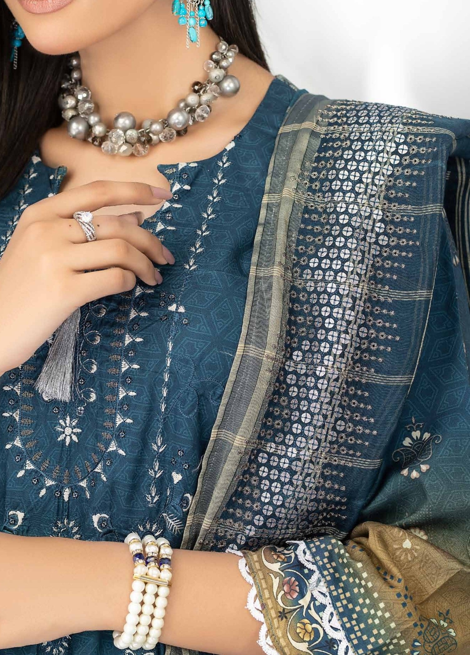 Dark Teal - Embroidered Luxury Linen 3PC - Unstitched