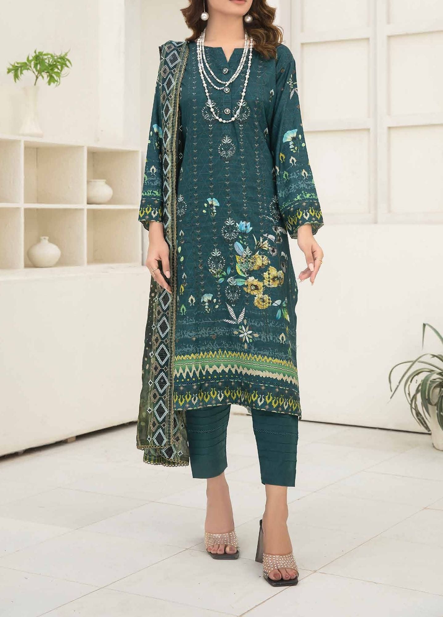 Mineral Green - Embroidered Luxury Viscose Linen 3PC - Unstitched