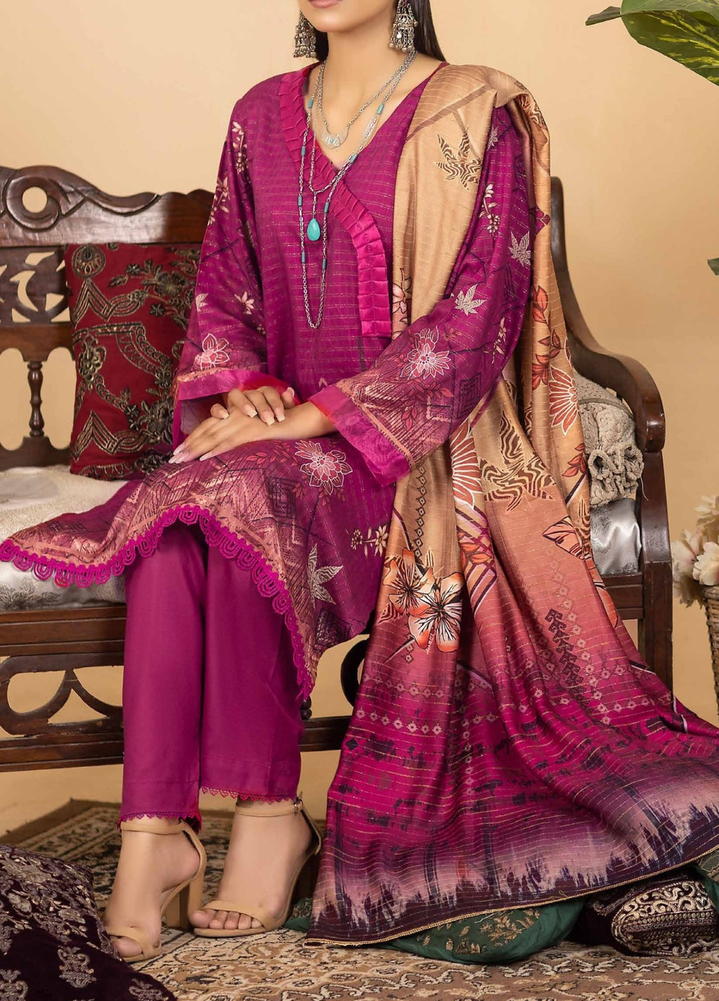 Digital Printed Unstitched 3 Piece Luxury Linen - Red Purple