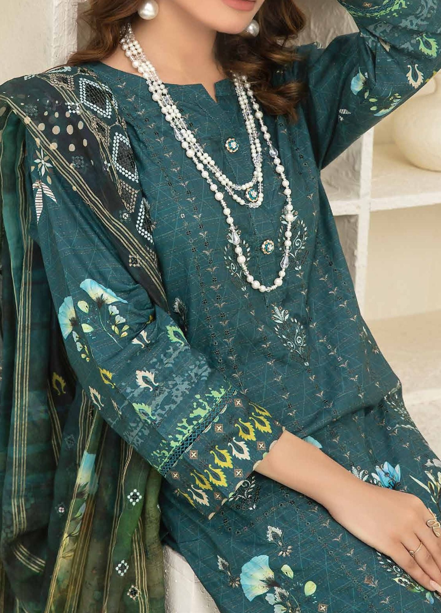 Mineral Green - Embroidered Luxury Viscose Linen 3PC - Unstitched