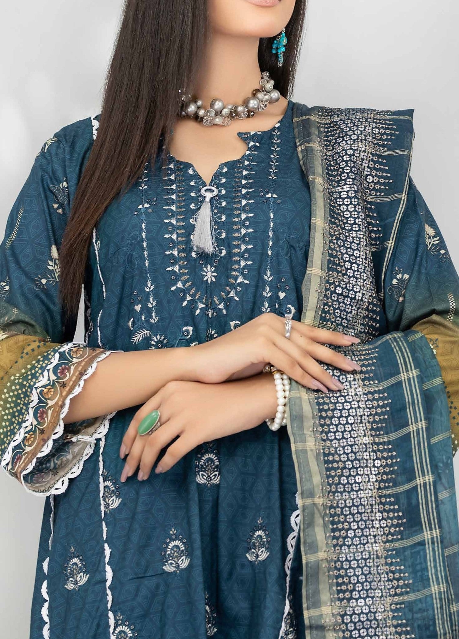 Dark Teal - Embroidered Luxury Linen 3PC - Unstitched