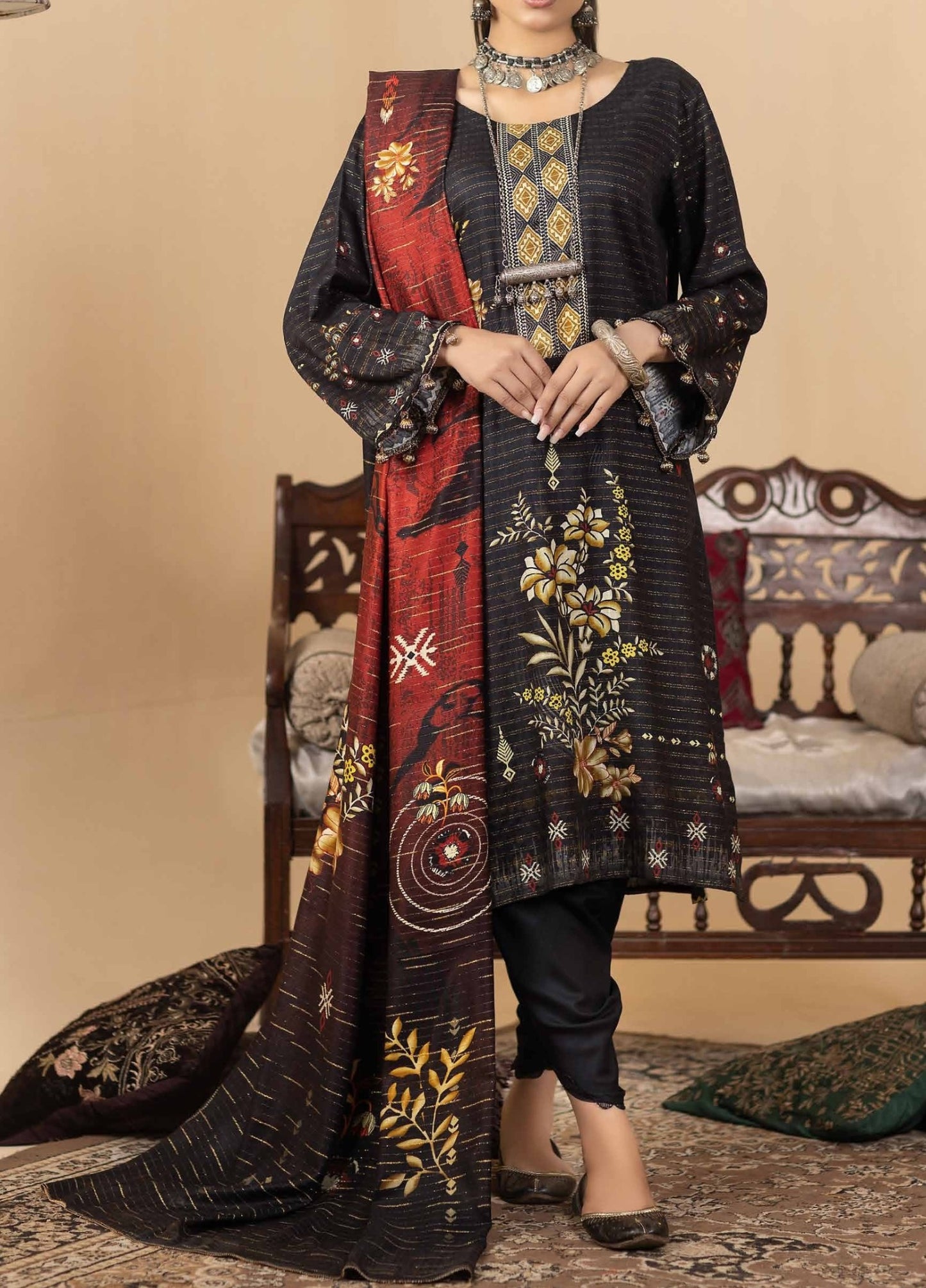 Digital Printed Unstitched 3 Piece Luxury Linen - Black