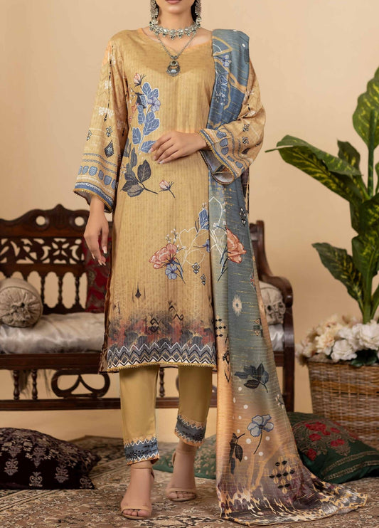 Digital Printed Unstitched 3 Piece Luxury Linen - Almond