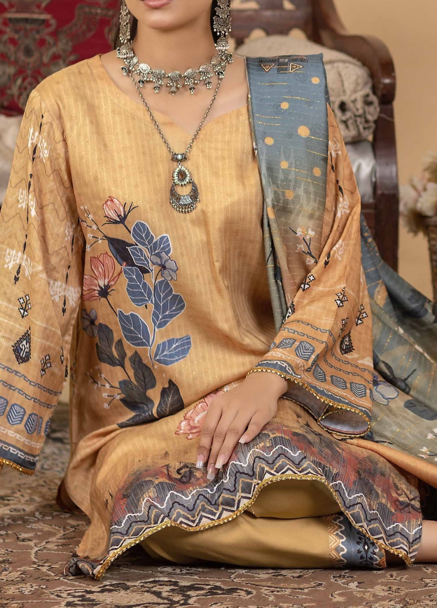 Digital Printed Unstitched 3 Piece Luxury Linen - Almond