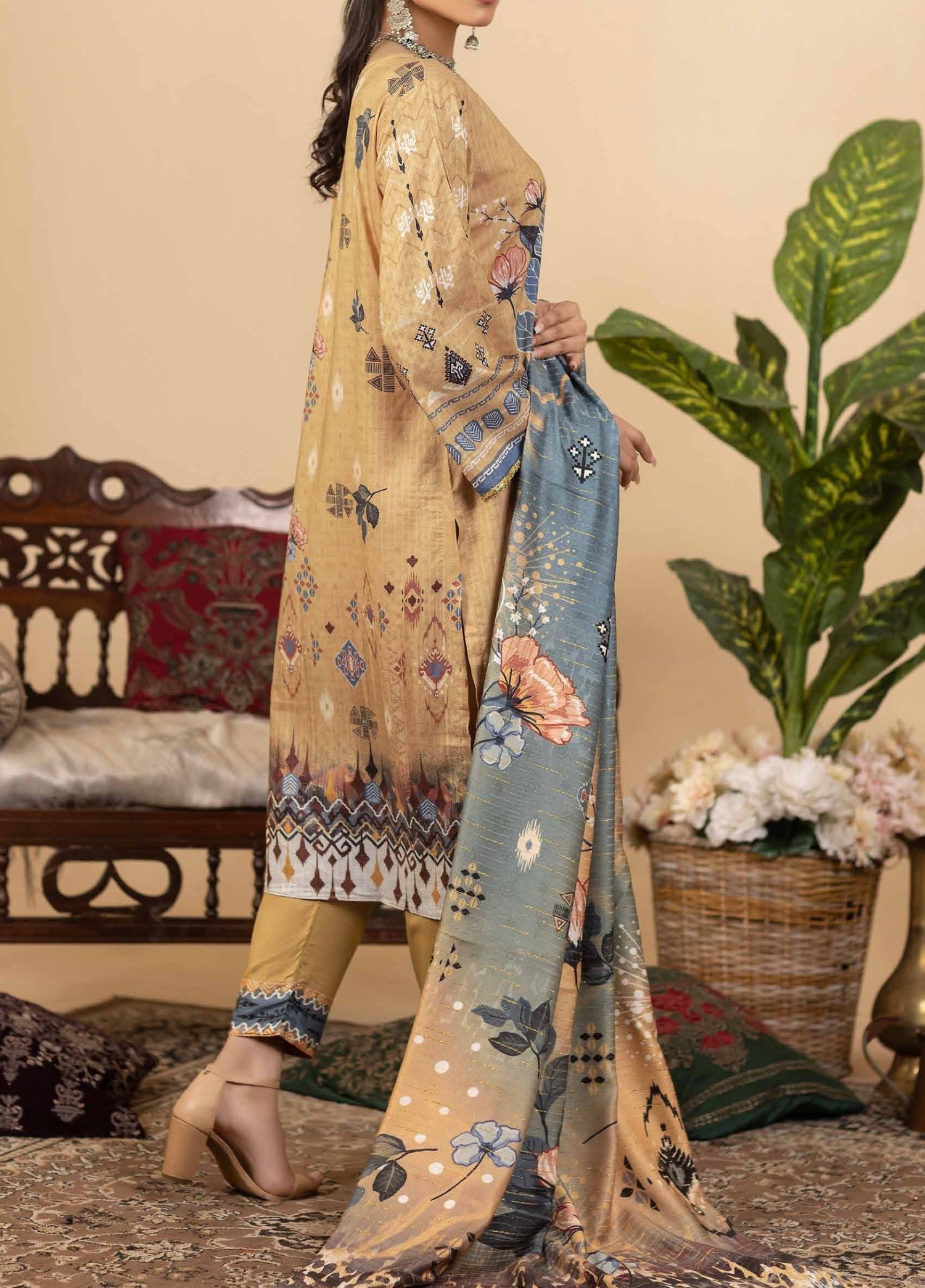 Digital Printed Unstitched 3 Piece Luxury Linen - Almond