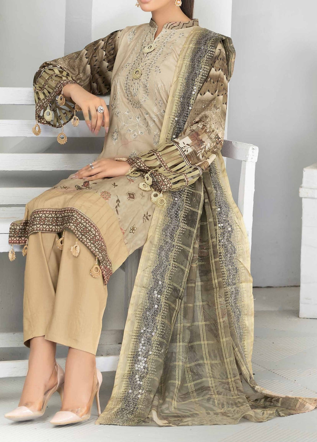 Almond - Embroidered Luxury Linen 3PC - Unstitched