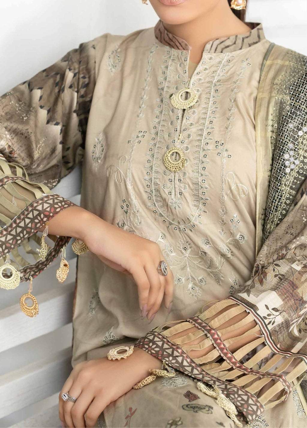 Almond - Embroidered Luxury Linen 3PC - Unstitched