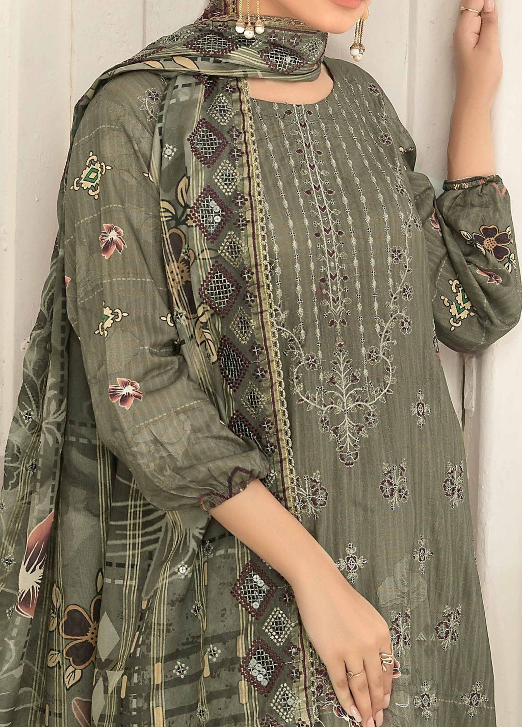 Sage - Embroidered Luxury Viscose Linen 3PC - Unstitched