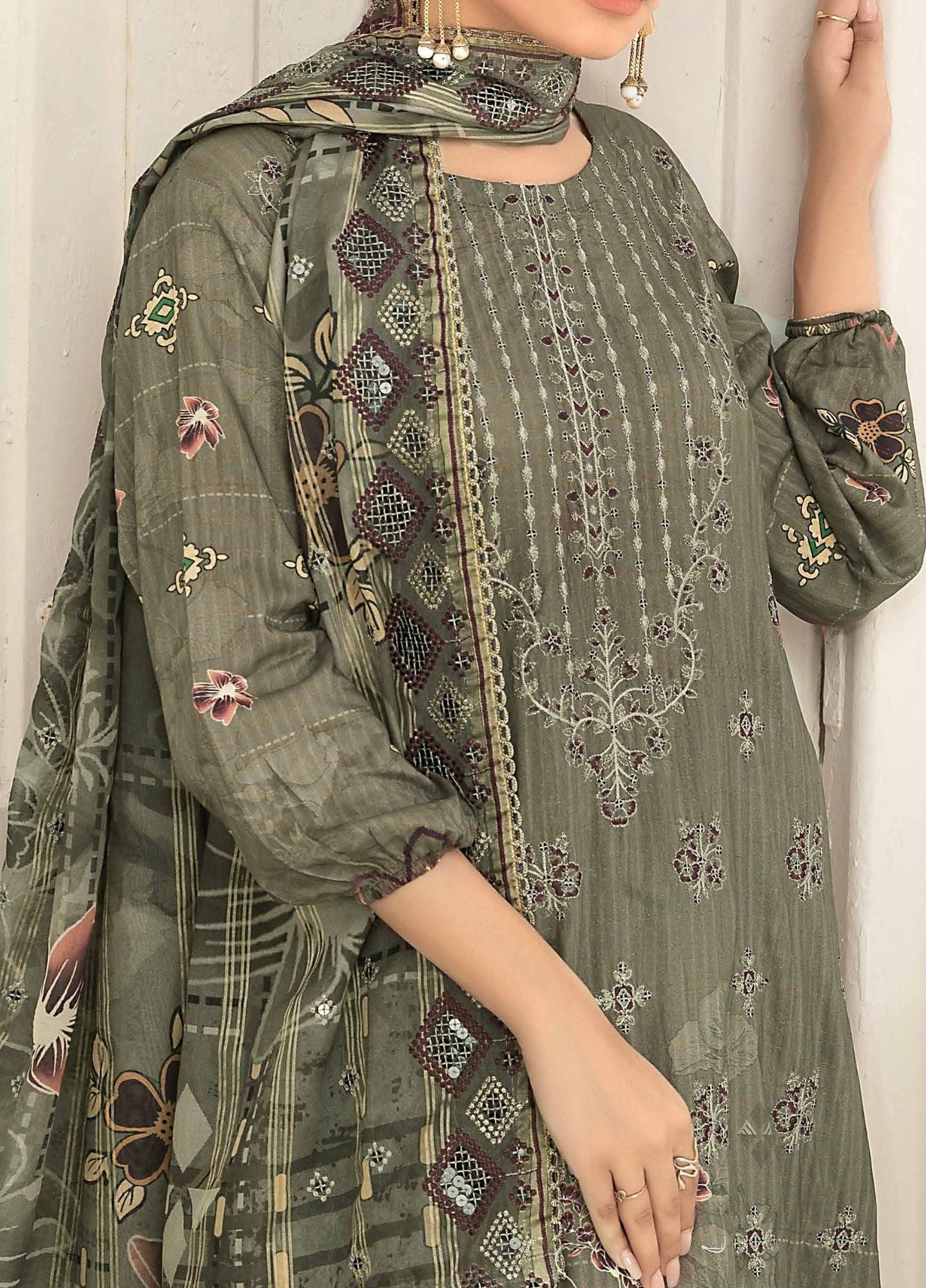 Sage - Embroidered Luxury Viscose Linen 3PC - Unstitched