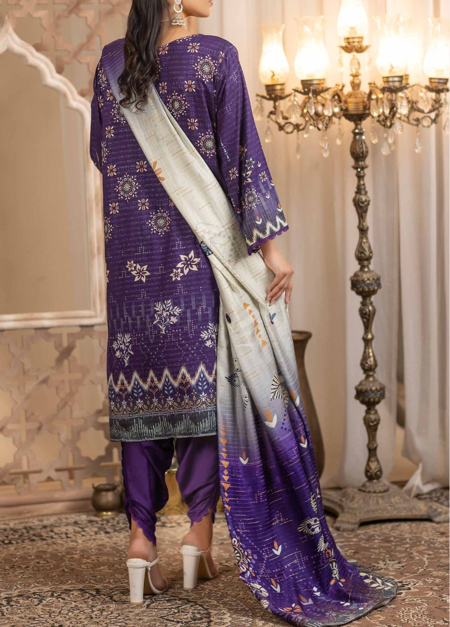 Digital Printed Unstitched 3 Piece Luxury Linen - Purple