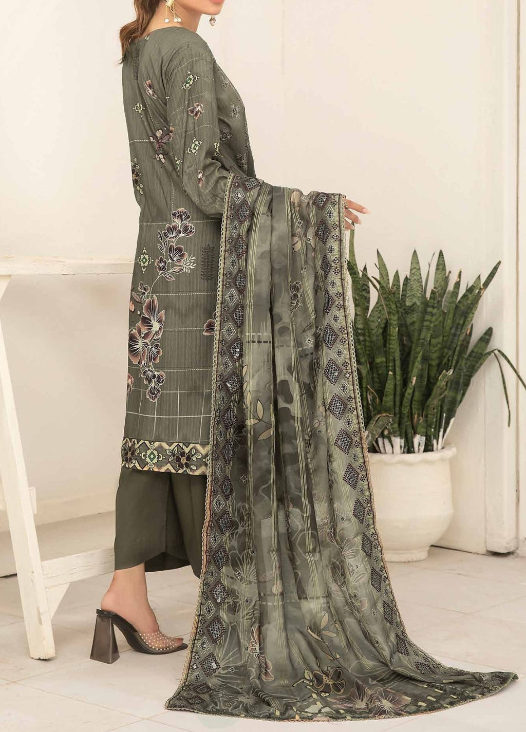 Sage - Embroidered Luxury Viscose Linen 3PC - Unstitched