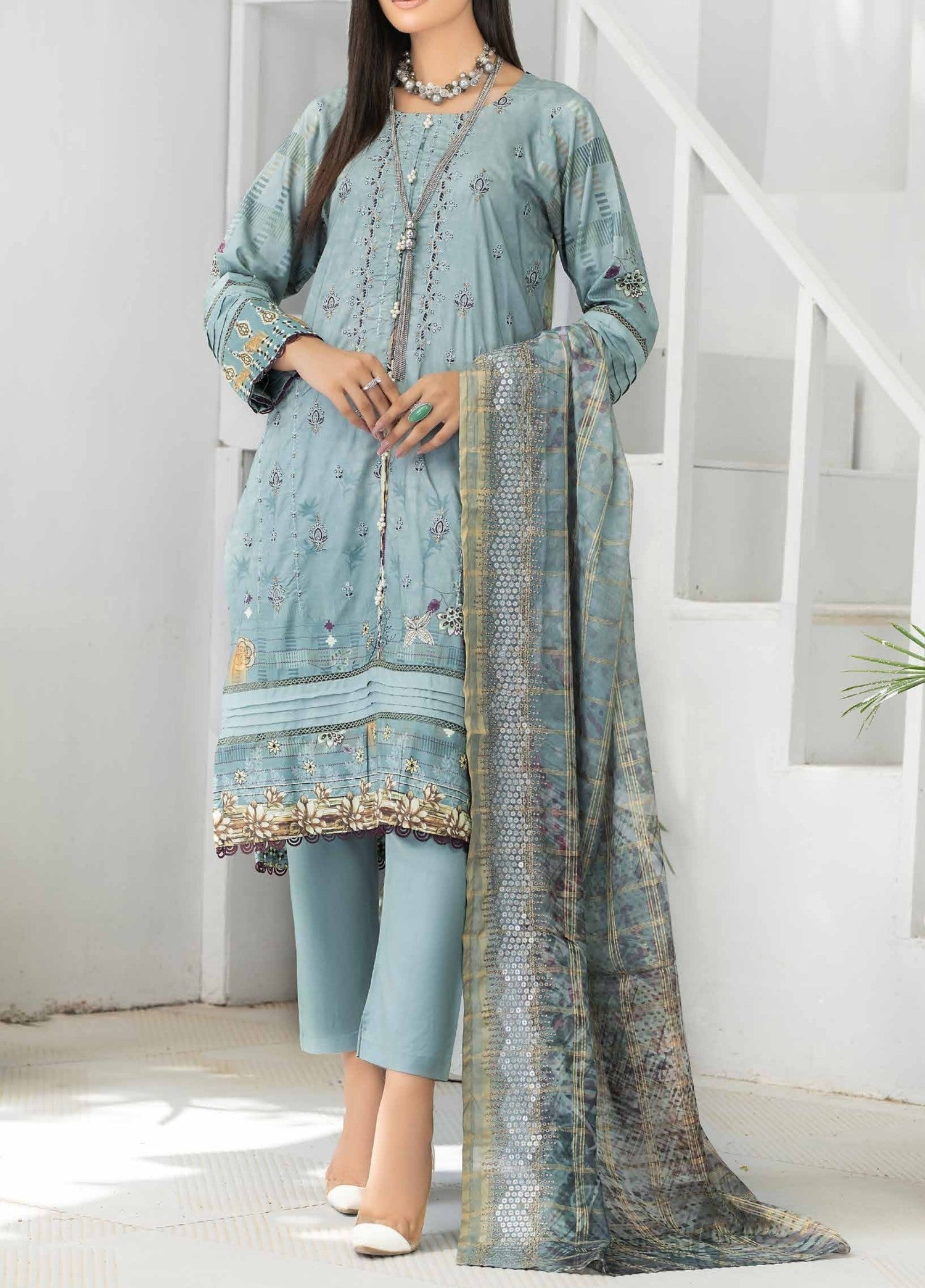 Aqua - Embroidered Luxury Linen 3PC - Unstitched