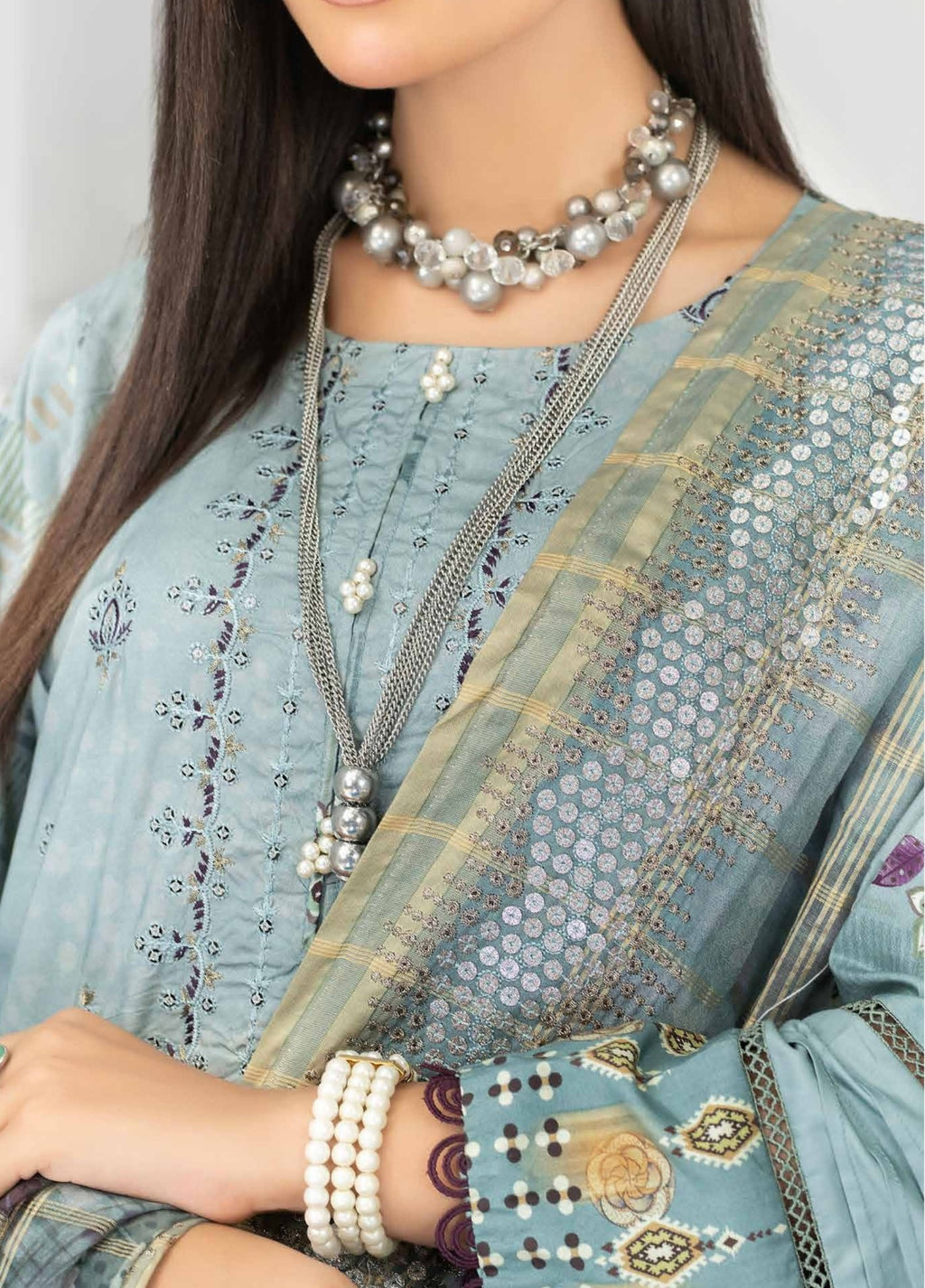 Aqua - Embroidered Luxury Linen 3PC - Unstitched