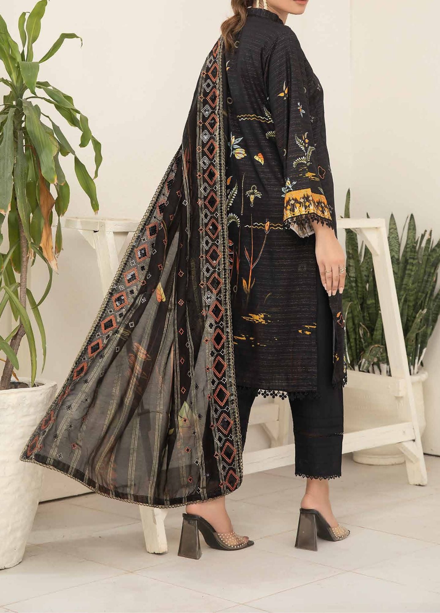 Black - Embroidered Luxury Viscose Linen 3PC - Unstitched