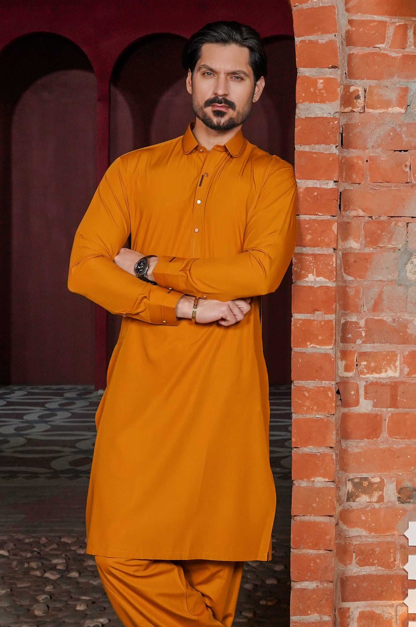 Mustard Signature Detailing Collar Kameez Shalwar