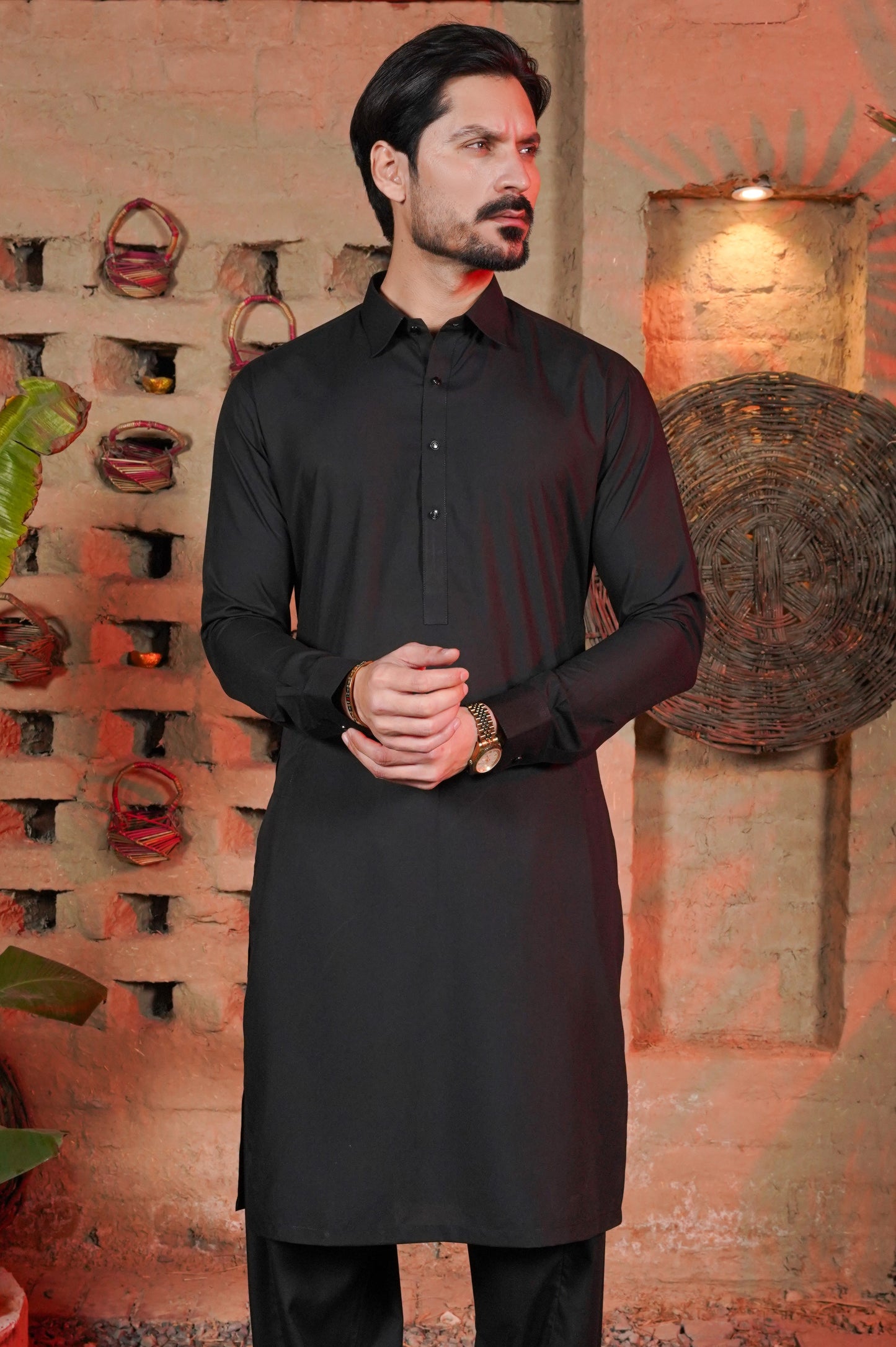 Classic Black Plain Collar Kameez Shalwar