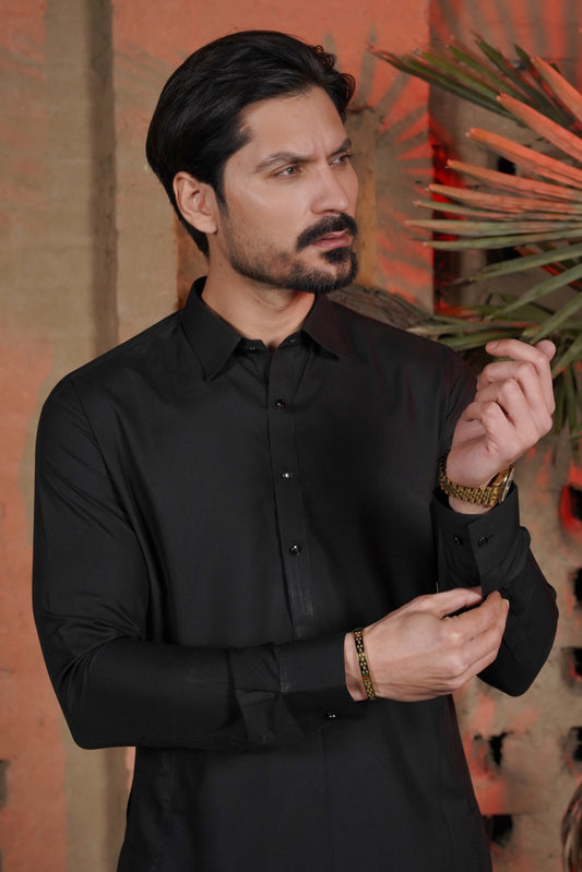 Classic Black Plain Collar Kameez Shalwar