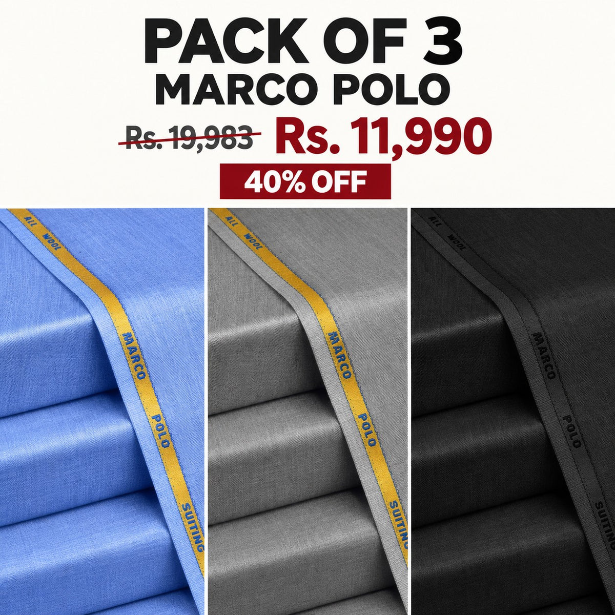 Bundle Pack of Any 3 Marco Polo Suiting (Flat 40% Off)