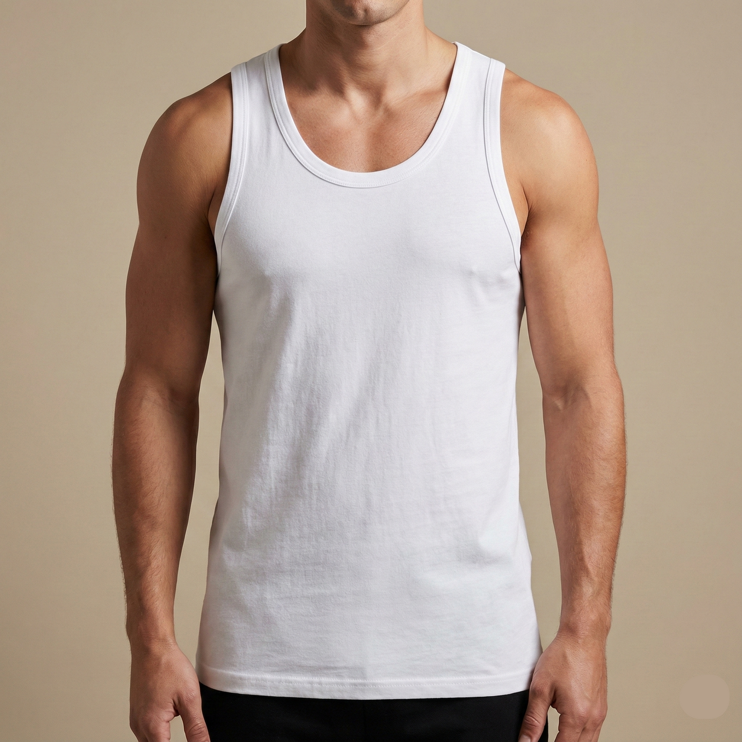 Person wearing a white tank top against a beige background