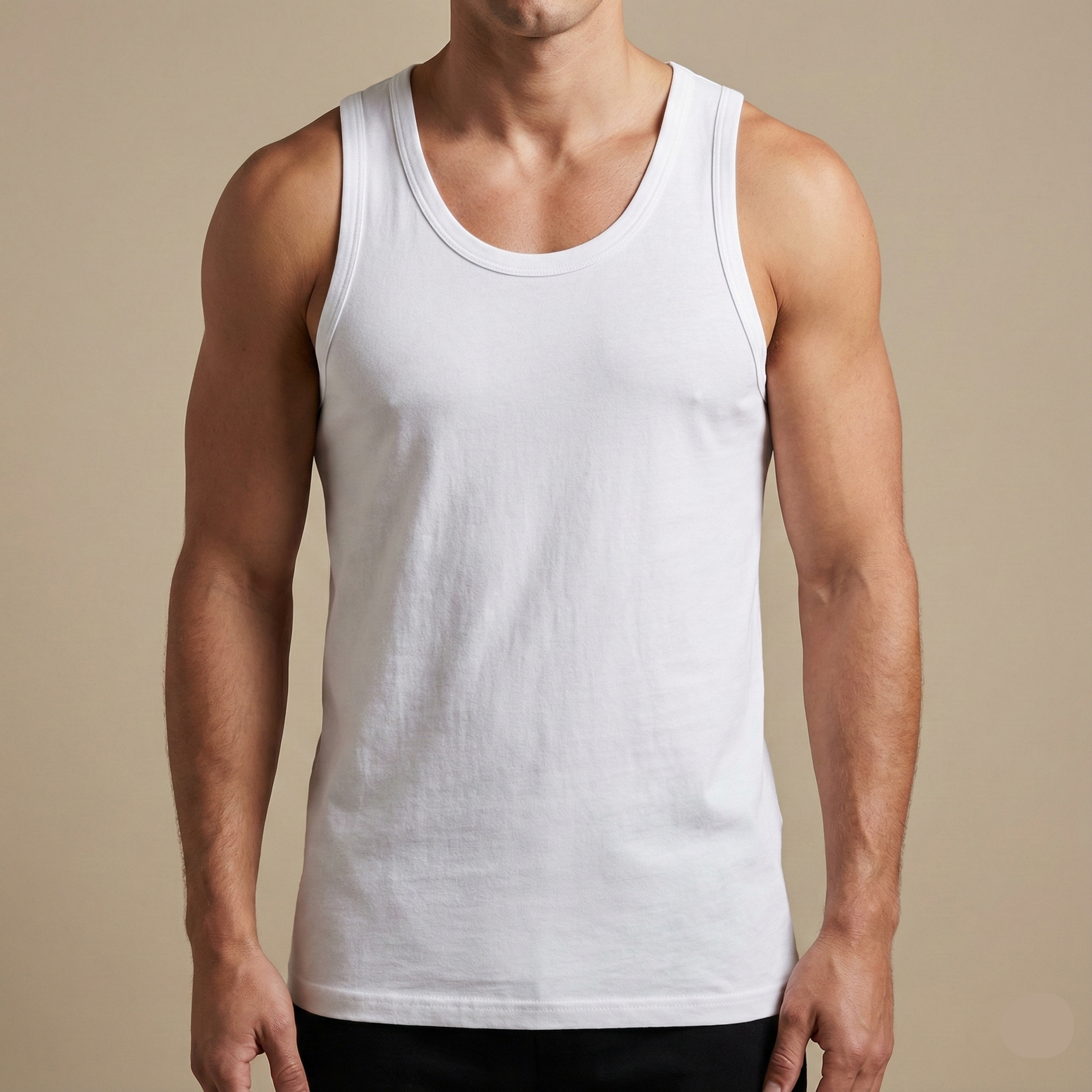 Person wearing a white tank top against a beige background